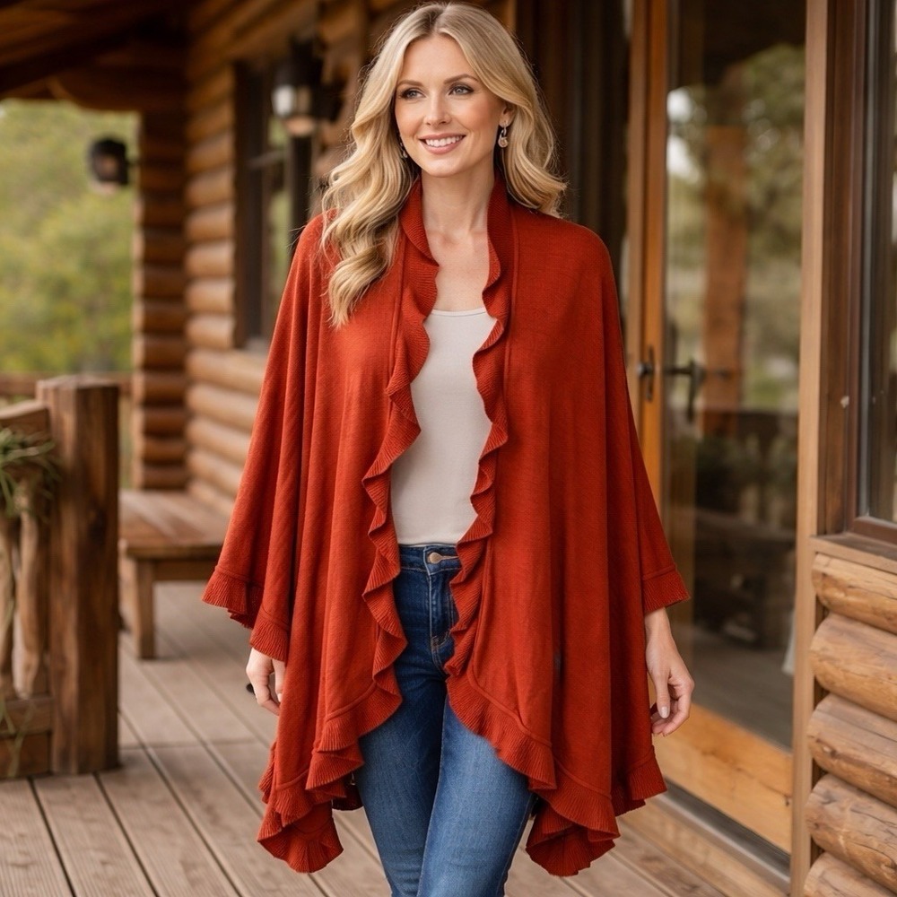 AW ITEMS Burnt Orange Cardigan Cape Wrap‎ Shawl Cozy Capsule Old Money One Size